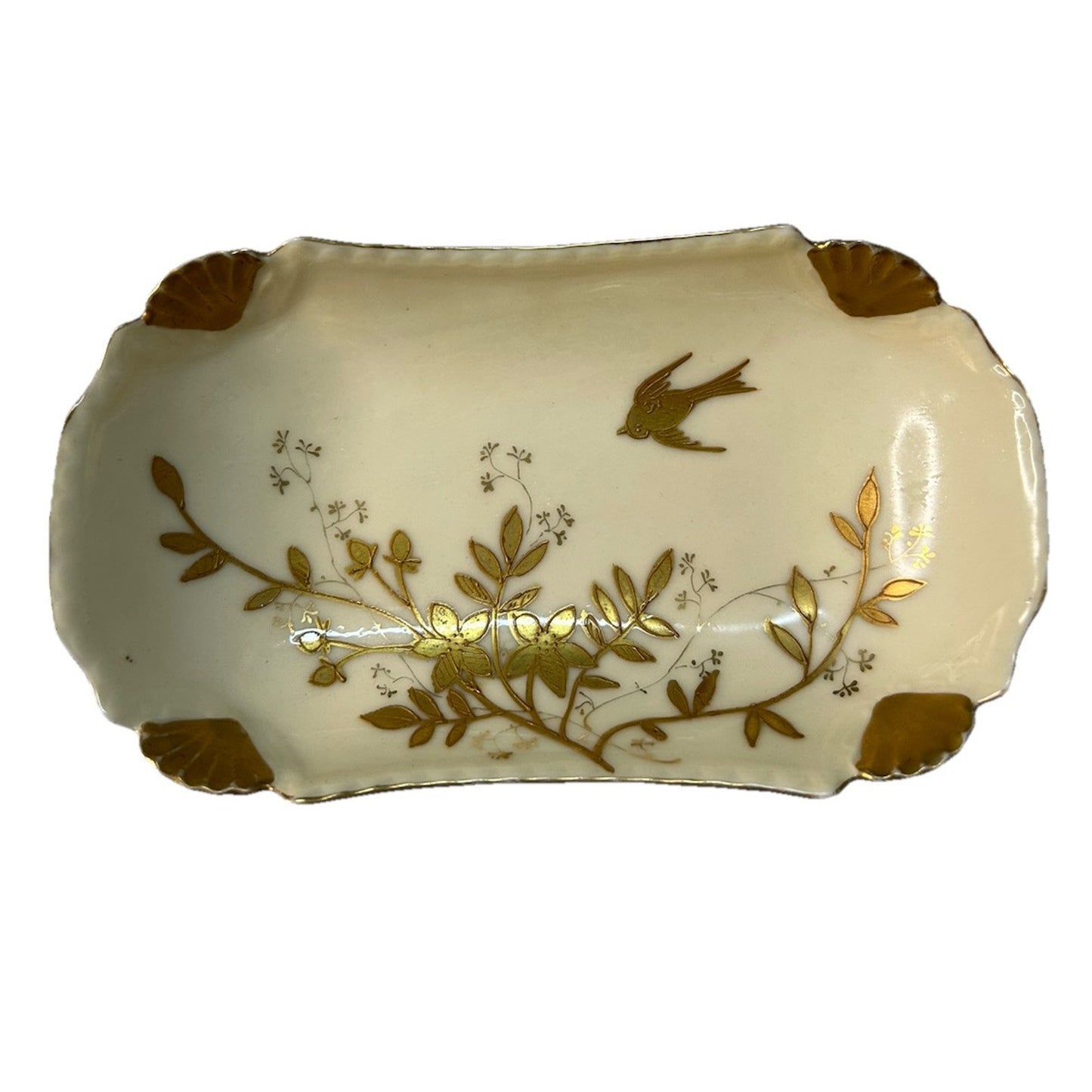 Antique Haviland Limoges France Rectangular White Gold Tray Bird Shells 1889