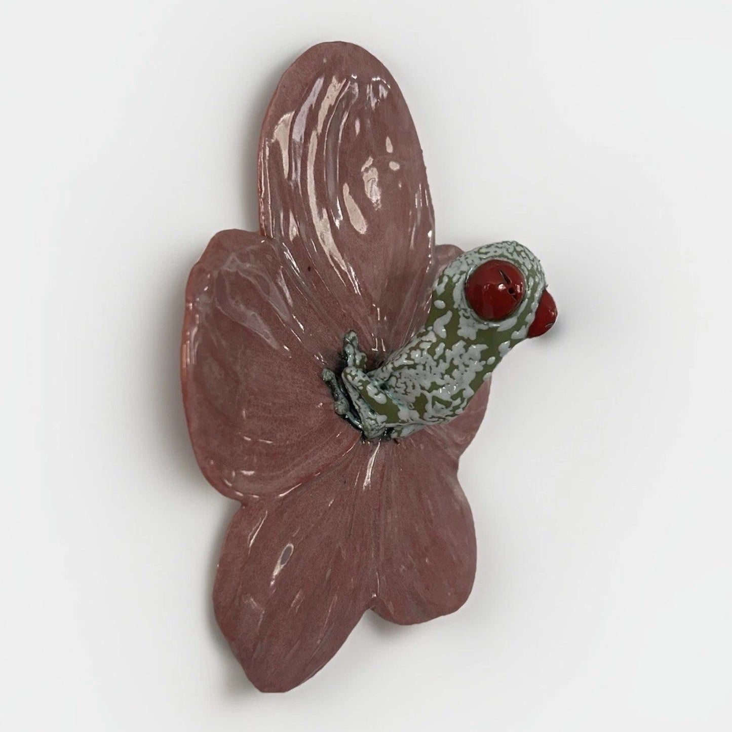 Frog Pink Flower Hanging Wall Decor Lid Hand Made Pottery Leaf Tree Frog Red Eye