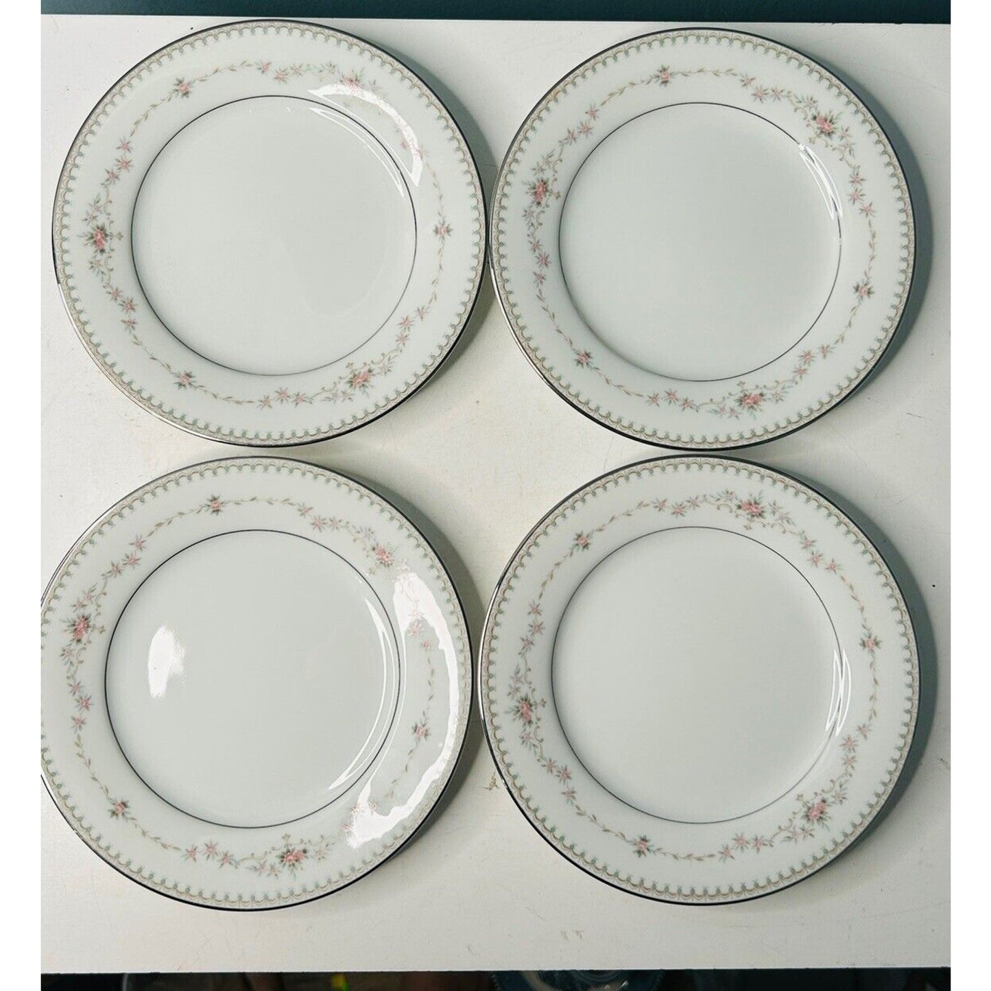 4 Vintage Noritake Fairmont Pink Roses Platinum Trim 6 3/8" Bread & Butter Plate