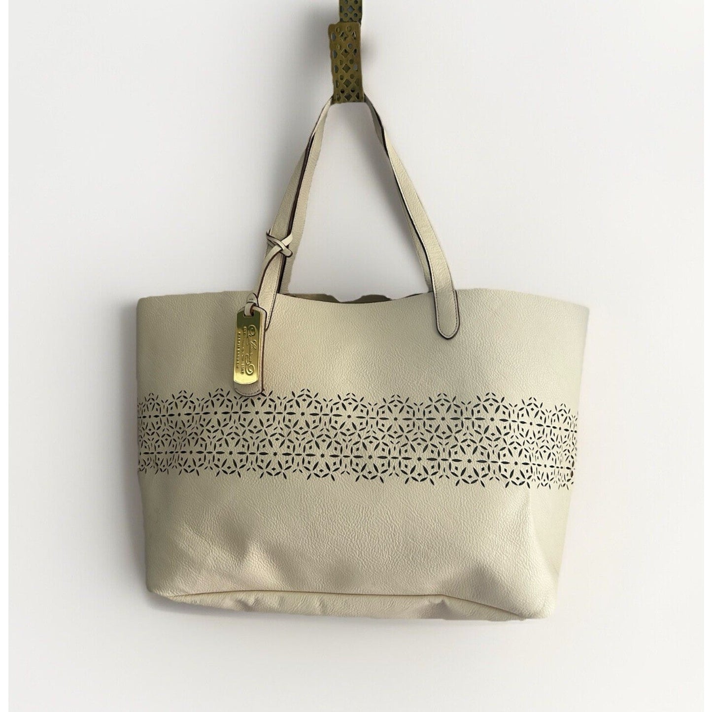 Ralph Lauren Laser Cut Perforated Chantilly Classic Tote Bag & Clutch Ivory Read