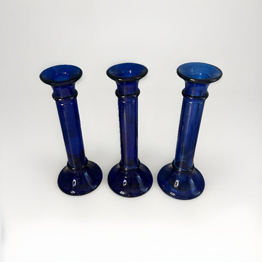 3 Vintage Pier 1 Imports Cobalt Blue Pillar Candle Holder or Vase Recycled Glass