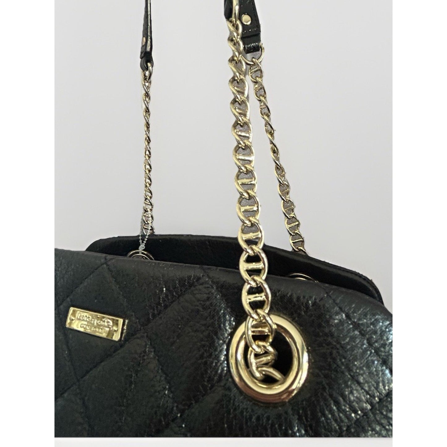 Kate Spade Black Metallic Quilted Leather Shimmer Bag Gold Chain EUC