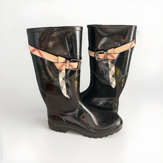 Burberry Black Kenyon Nova Check Roscot Belt Rainboots 8.5 EU 39 Plaid COA Italy