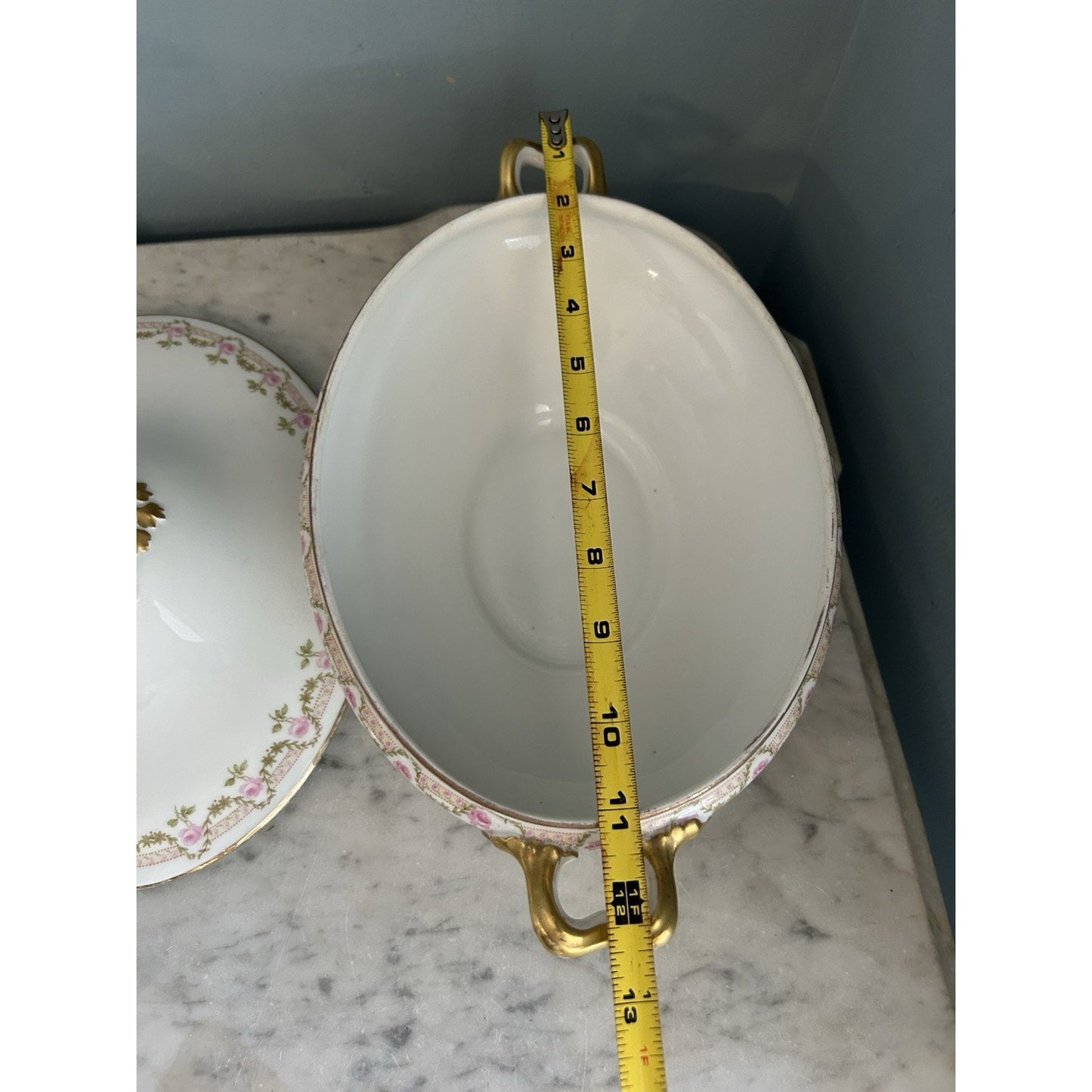 Oval Covered Serving Bowl lid Limoges Wm Guerin GUE19 Pink Roses Antique Gold