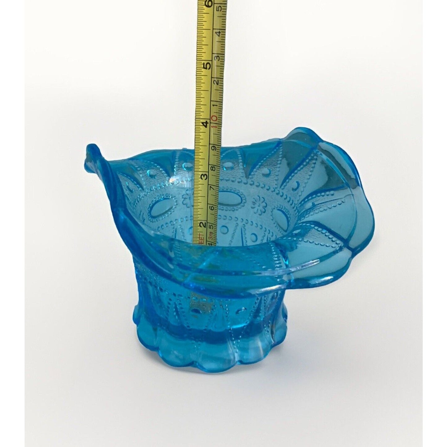 Vintage Kemple Blue Glass Basket Hat Vase Lace Dew Drop Pattern Lace N Dewdrop