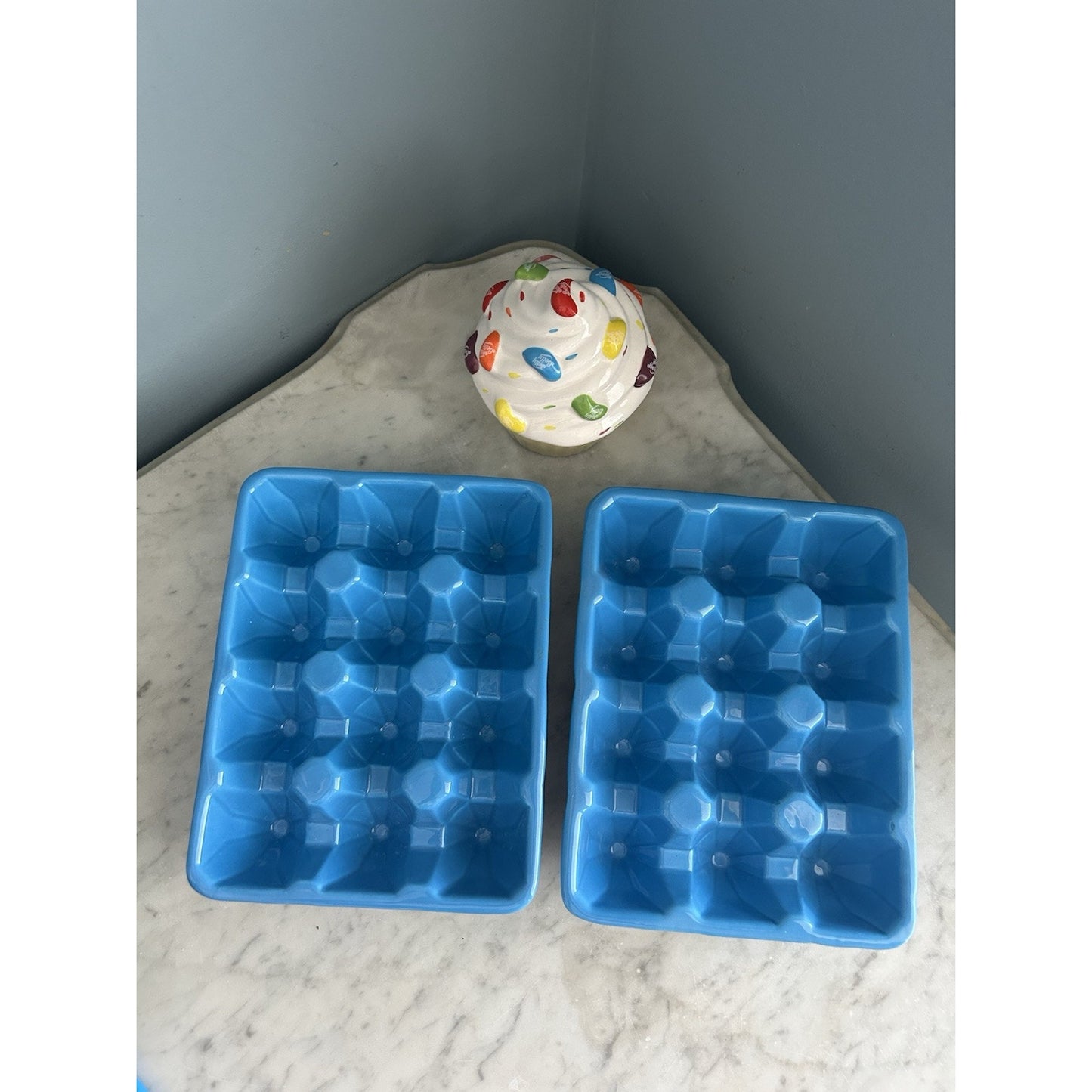 2 Ceramic Blue Egg Crates for Easter Eggs Refrigerator Jelly Belly Cupcake Dish
