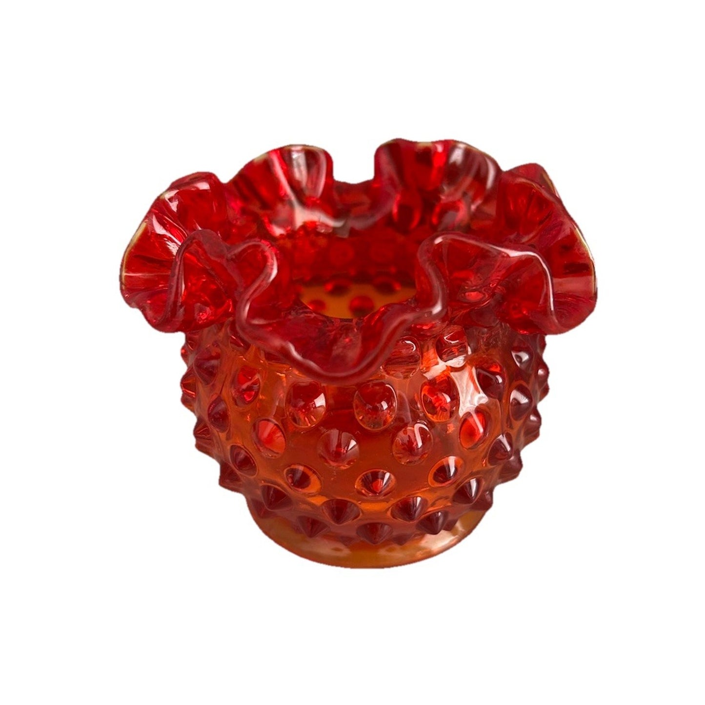 Fenton Amberina Hobnail Glows Small Rose Bowl Ruffle Crimped Orange Glass Vase