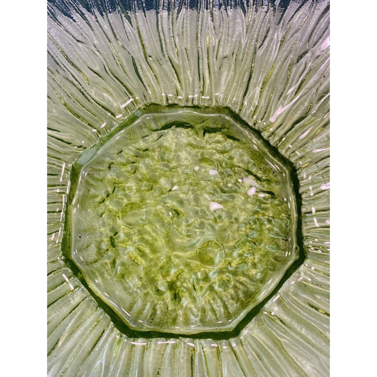 17” Green Flower Platter Hand Blown Art Glass Large Serving Tray Sunflower Heavy
