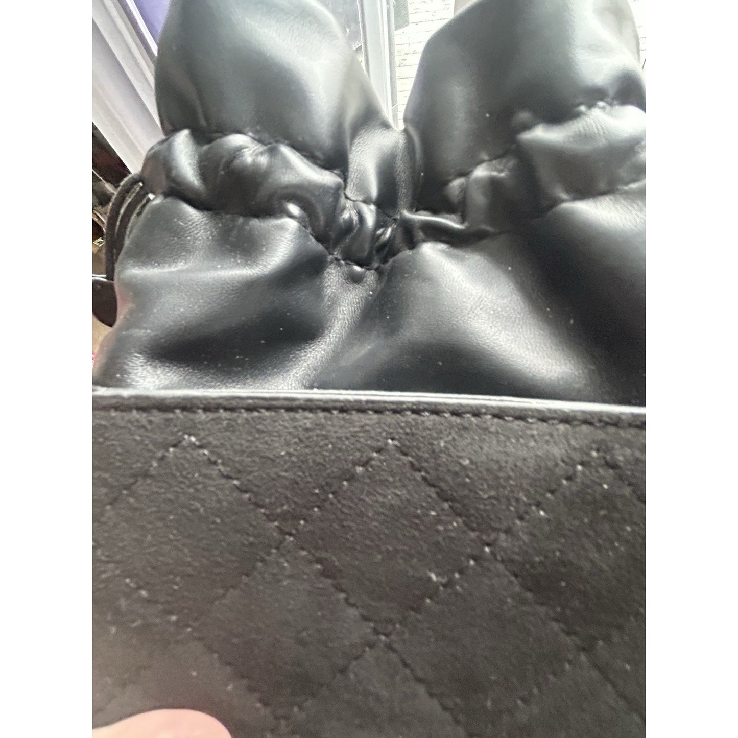 Quilted Mini Drawstring Shoulder Bag Black Pouch Gold Chain Crossbody