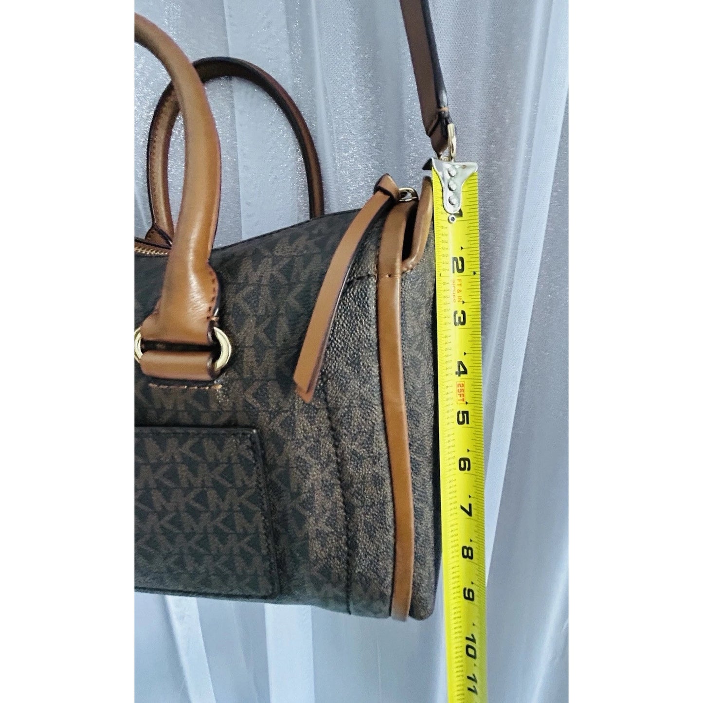 Michael Kors Carine Medium Brown Acorn Gold Satchel Handbag Handle MK Logo