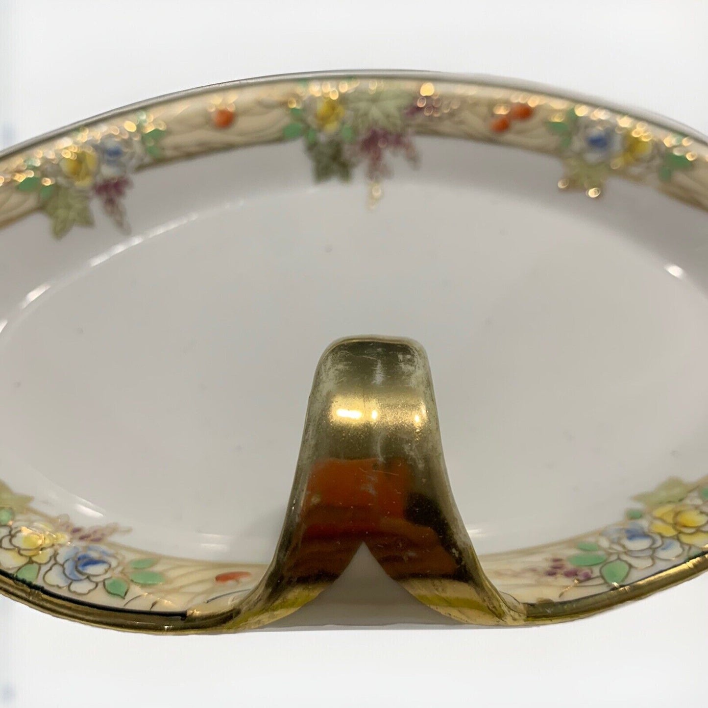 Vintage Nippon Hand Painted Divided Dish Tray w/ Finger Hole Handle Gold Flowers