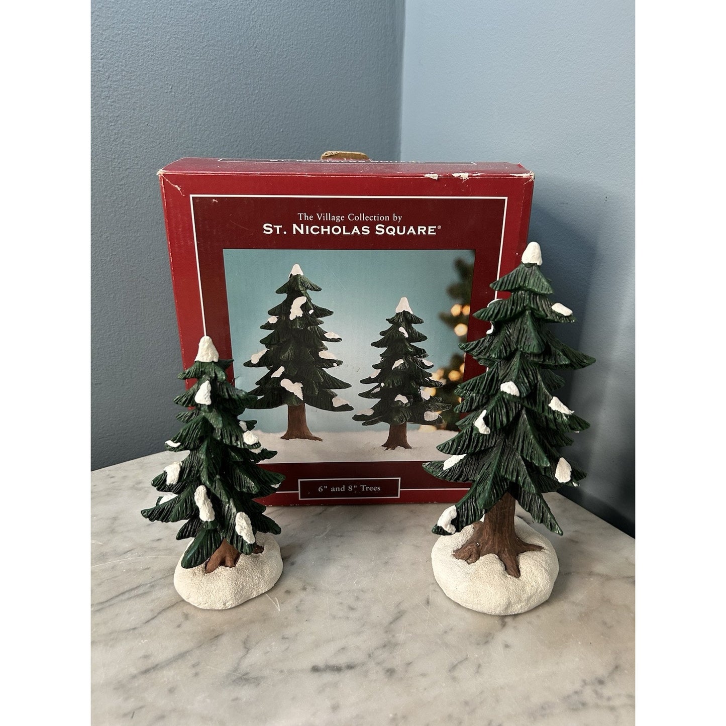 St Nicholas Square Village Collection 6" & 8" Pine Trees Hand Painted w/ Box