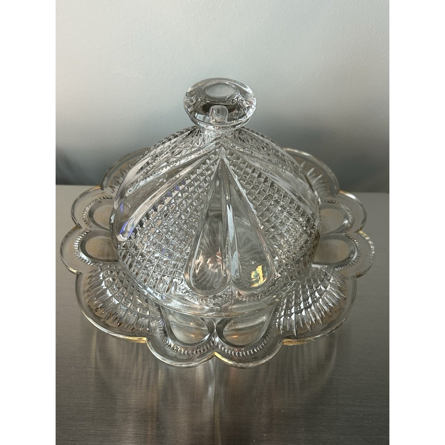 Vintage Gold Trim Glass Butter Dish Cheese Dome Cover 2pcs Covered Lid