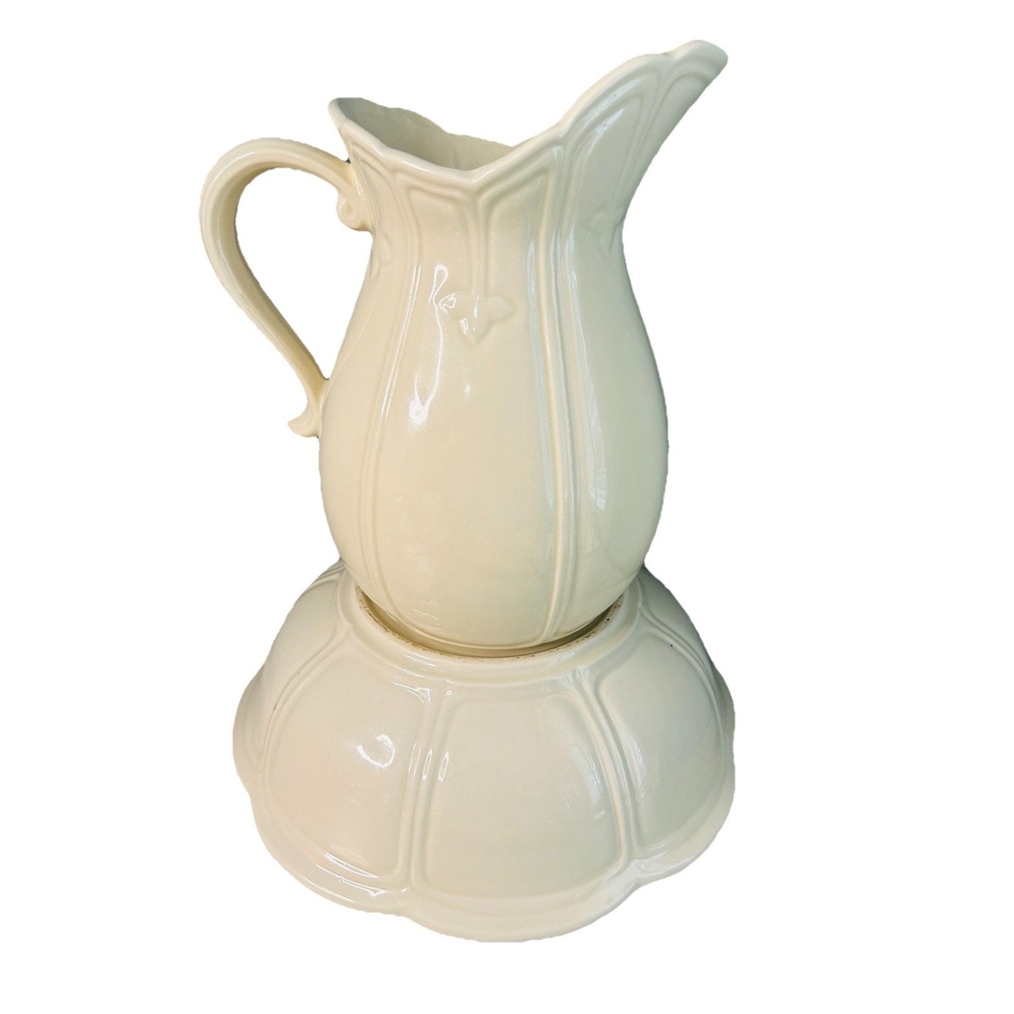 McCoy White Ironstone Pitcher Bowl # 7529 Ribbed & Flower Design Vintage USA