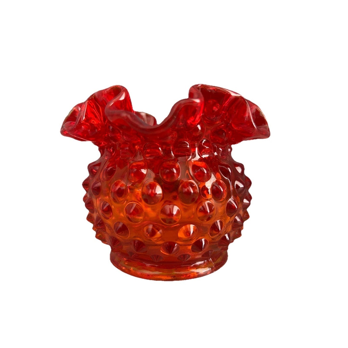 Fenton Amberina Hobnail Glows Small Rose Bowl Ruffle Crimped Orange Glass Vase