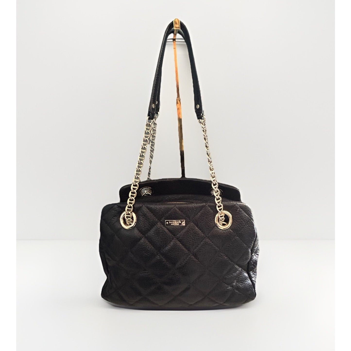 Kate Spade Black Metallic Quilted Leather Shimmer Bag Gold Chain EUC