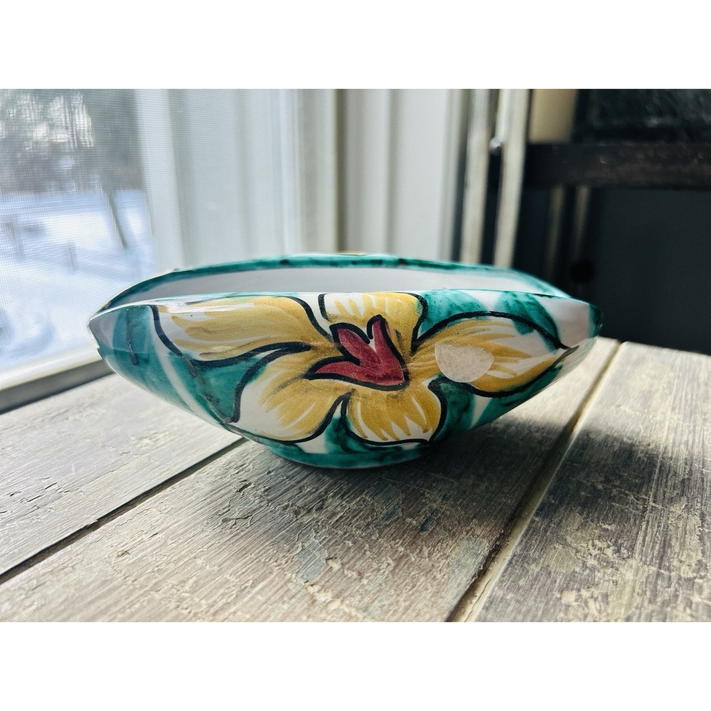 Vintage Hand Painted M.N Ceramic Floral Dish Italy 82/5 Folded Bowl Planter