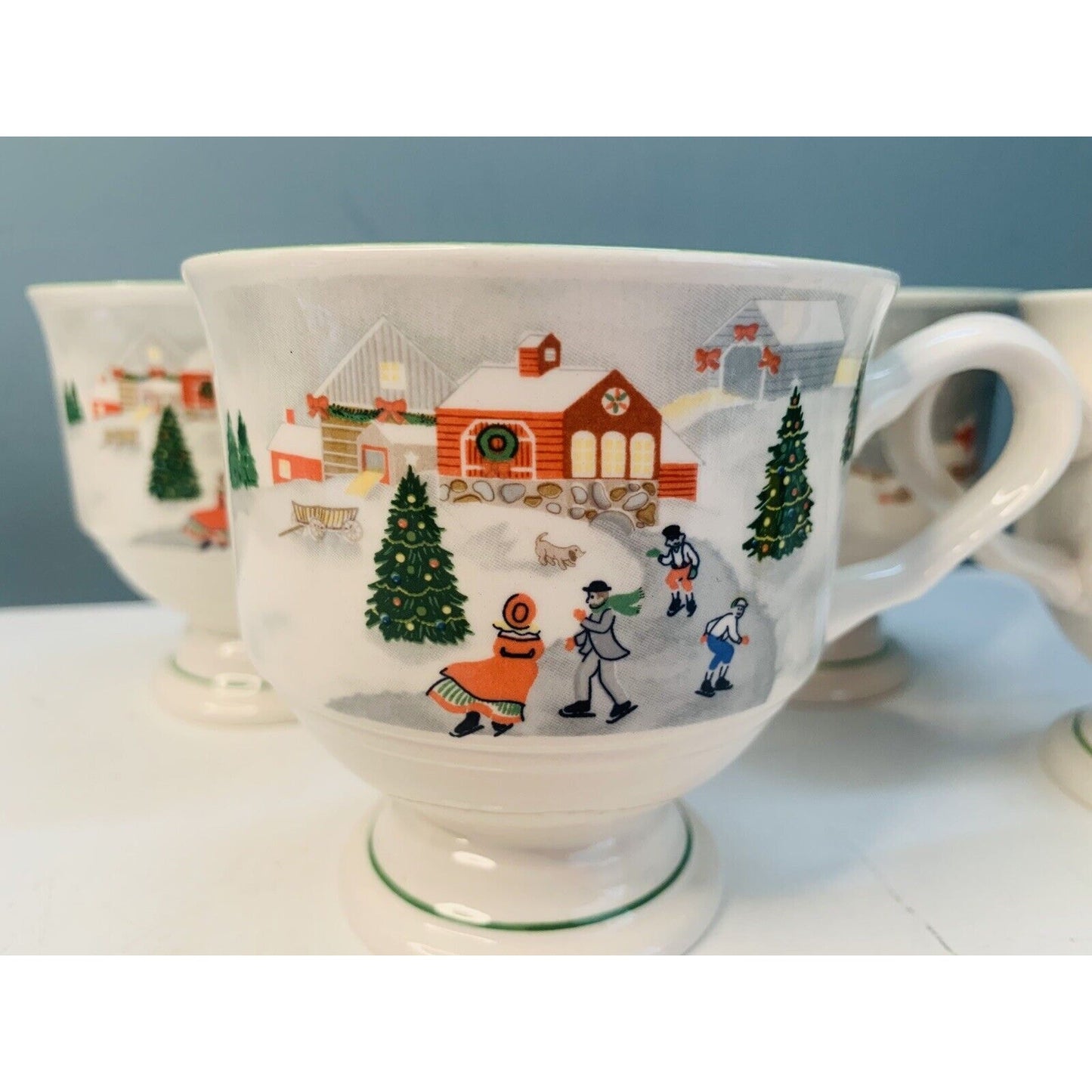 4 Sango Silent Night Footed Coffee Mugs Winter Scenes #3900 Vintage Christmas