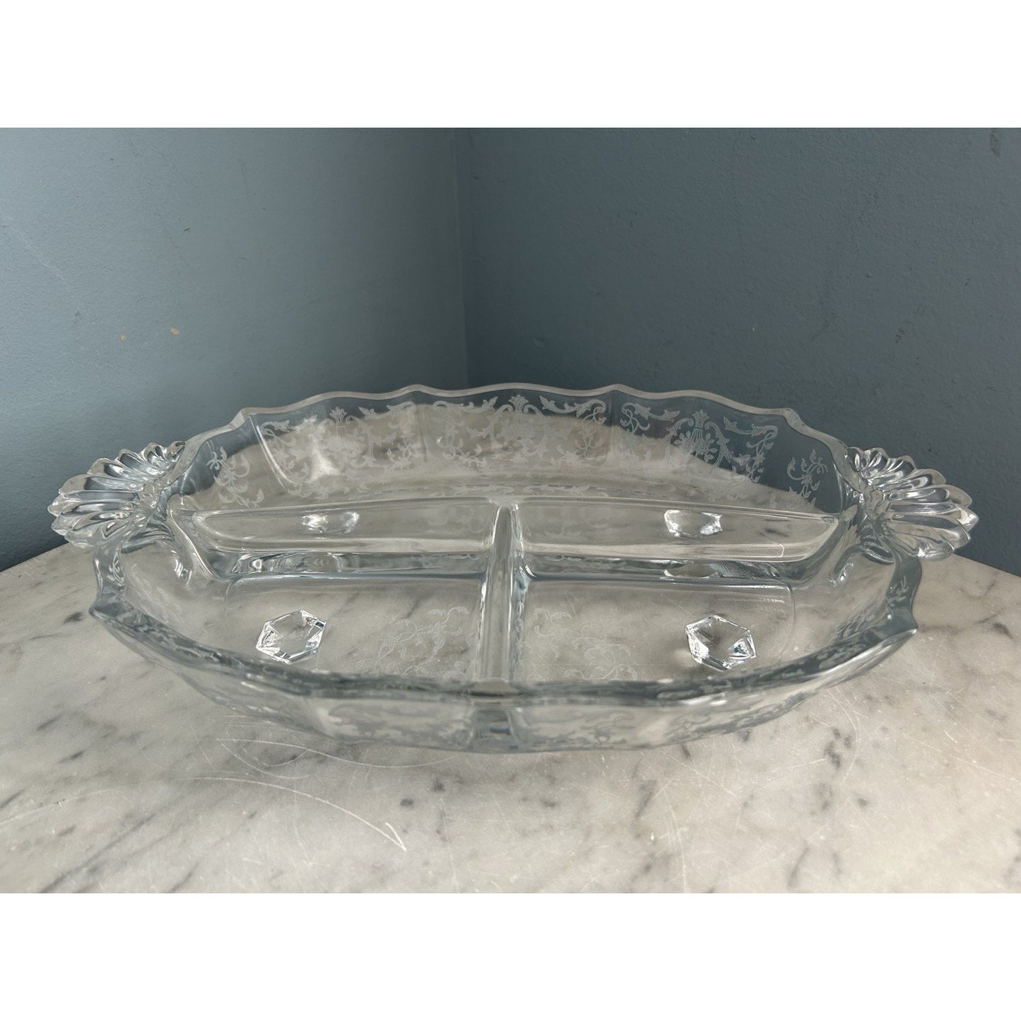 Fostoria Meadow Rose 3 Part Glass Footed Relish Dish Etched Crystal Vintage
