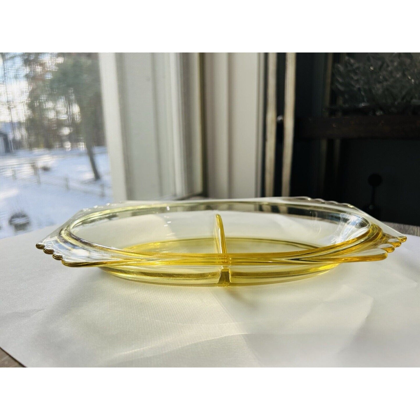 Fostoria Mayfair Relish Dish 2 Part 9” Long Yellow Topaz Vintage Candy Trinket