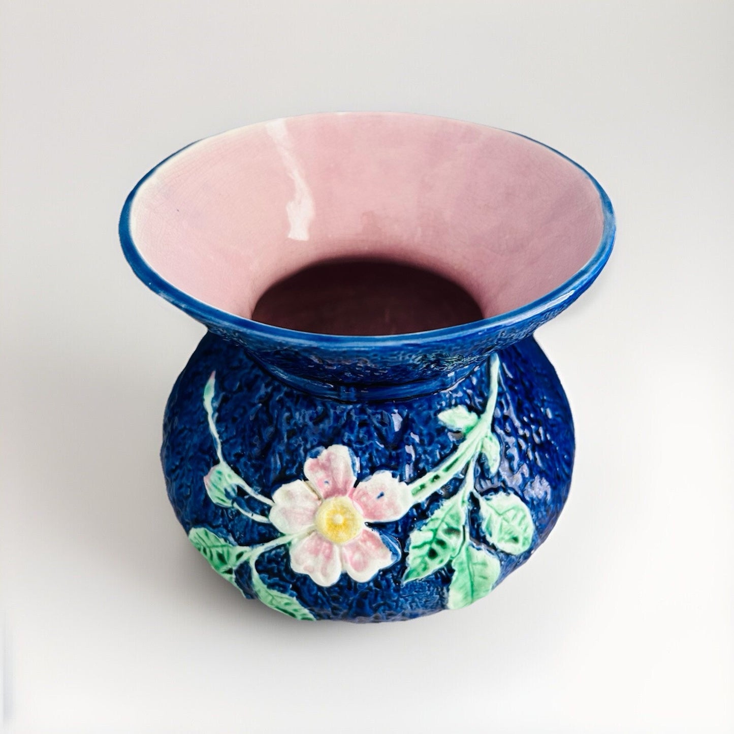 Antique Wild Rose Majolica Cupsidor 19th Century Squat Vase Home Decor Blue Pink