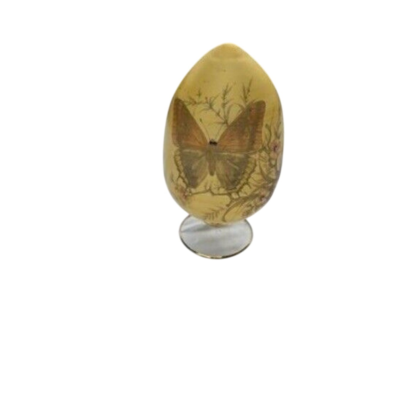 Butterfly Egyptian Glass Egg On Stand Gemstones Yellow Hand blown Hand Crafted