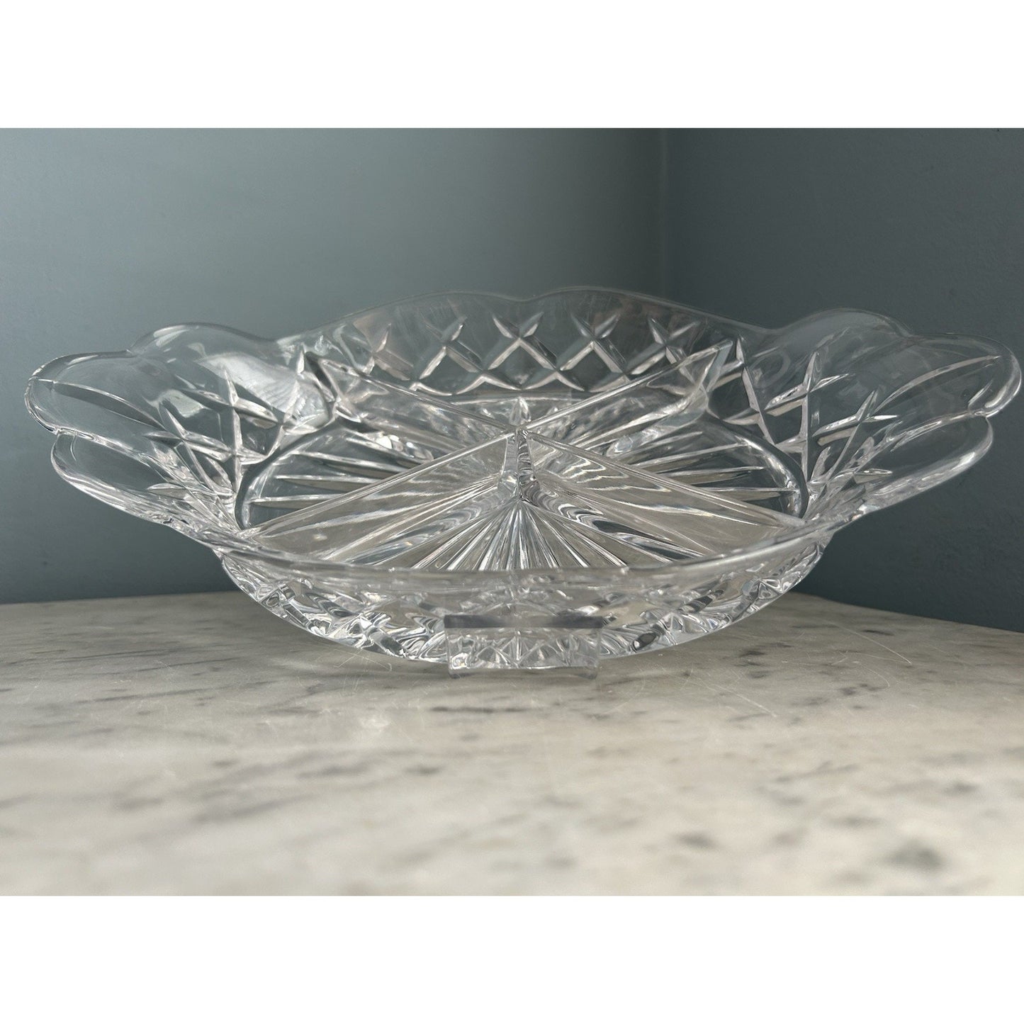 Crystal Cut Lead Relish Dish Vintage Serving 4 Sections Clear Glass Trinket Dish