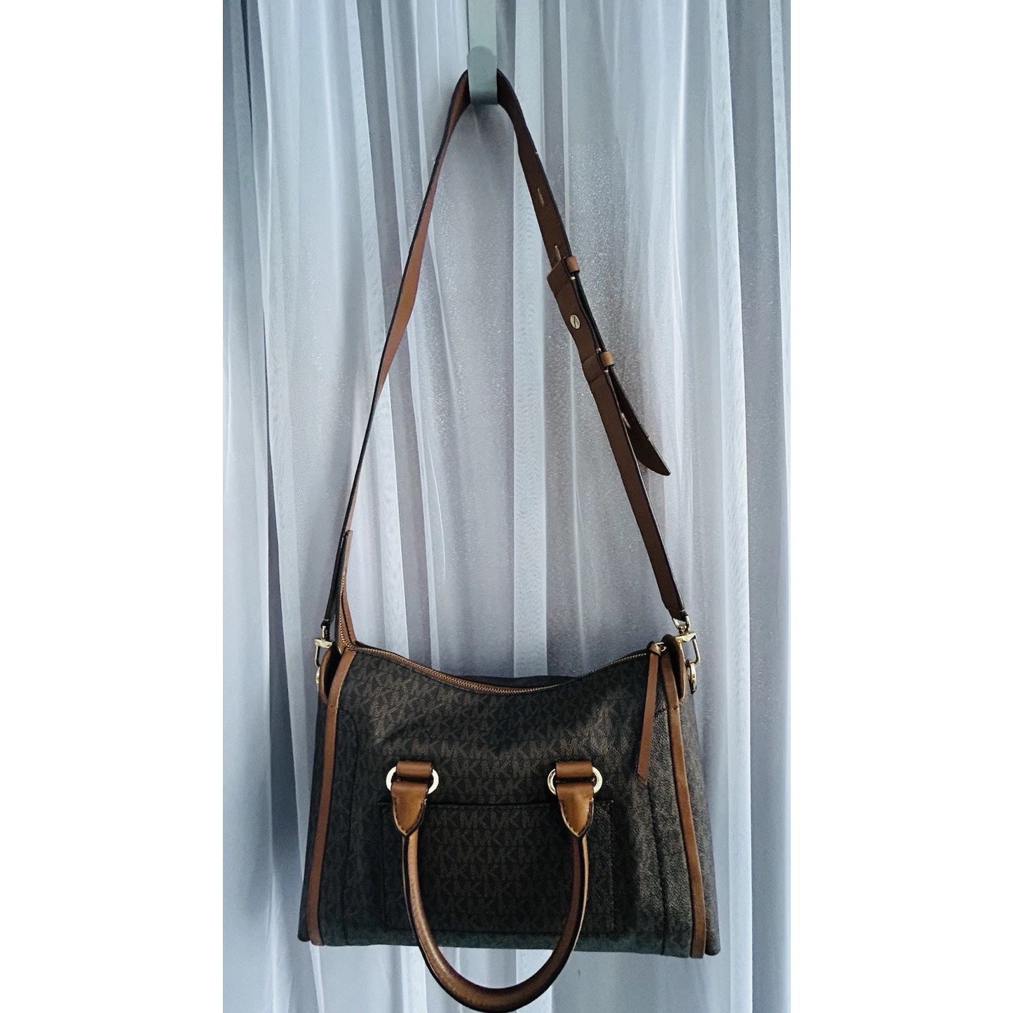 Michael Kors Carine Medium Brown Acorn Gold Satchel Handbag Handle MK Logo
