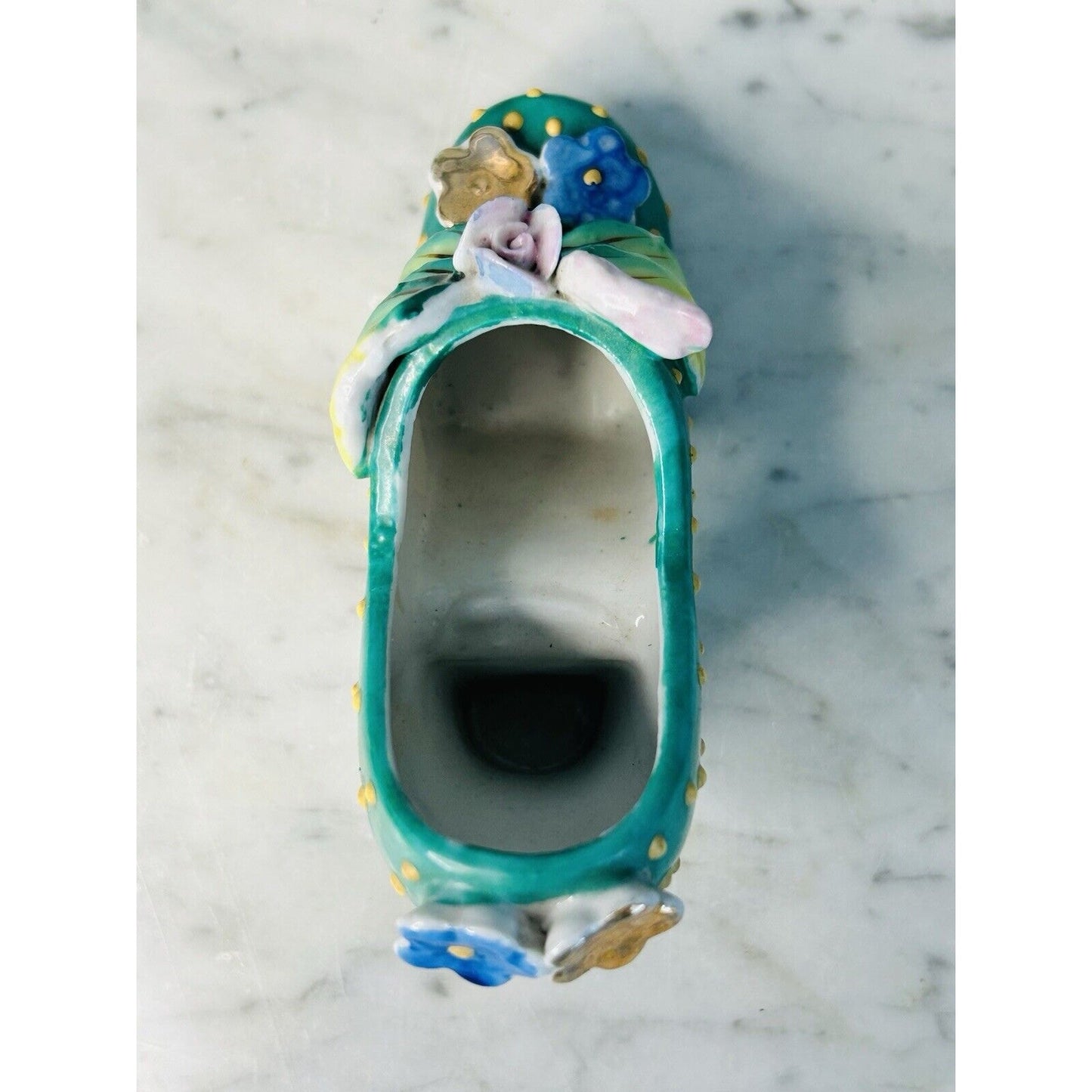 Vintage Hand Painted Shoe High Heel Polka Dots 3D Flowers Leaf Green 4" Japan