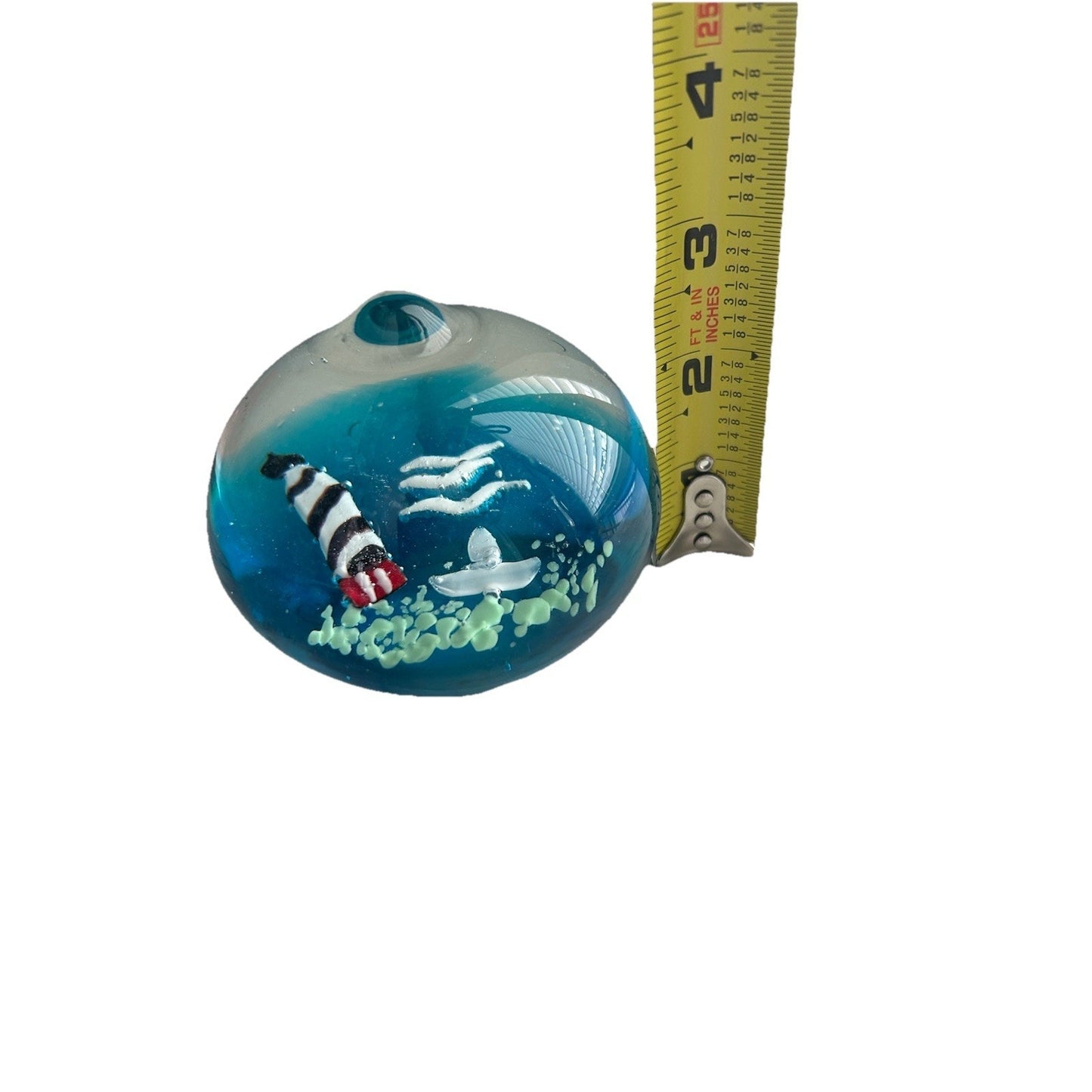 Glass Paperweight Nautical Beach Theme Home Decor Lighthouse Boat Blue Sky Birds