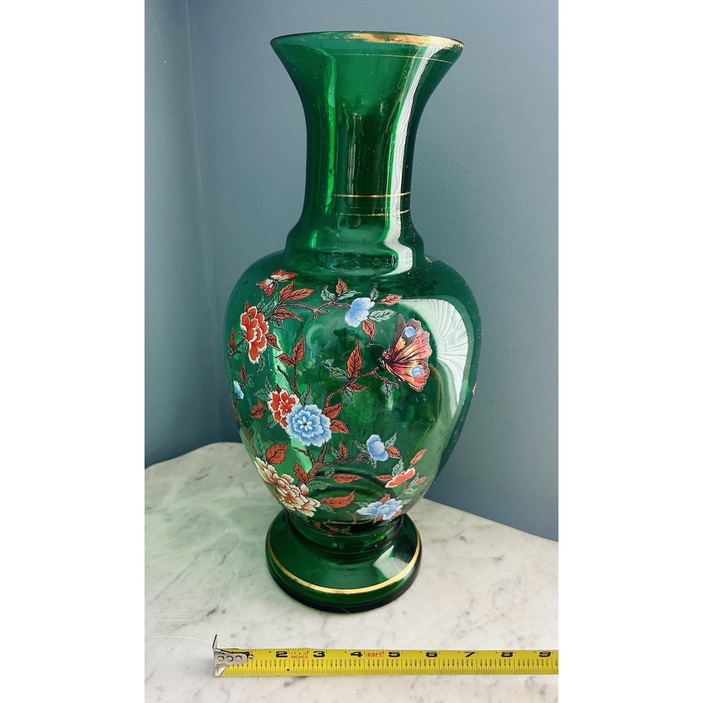 Norleans Large Green Glass Vase 16 " Gold Gilted Vintage Flowers Floral Design