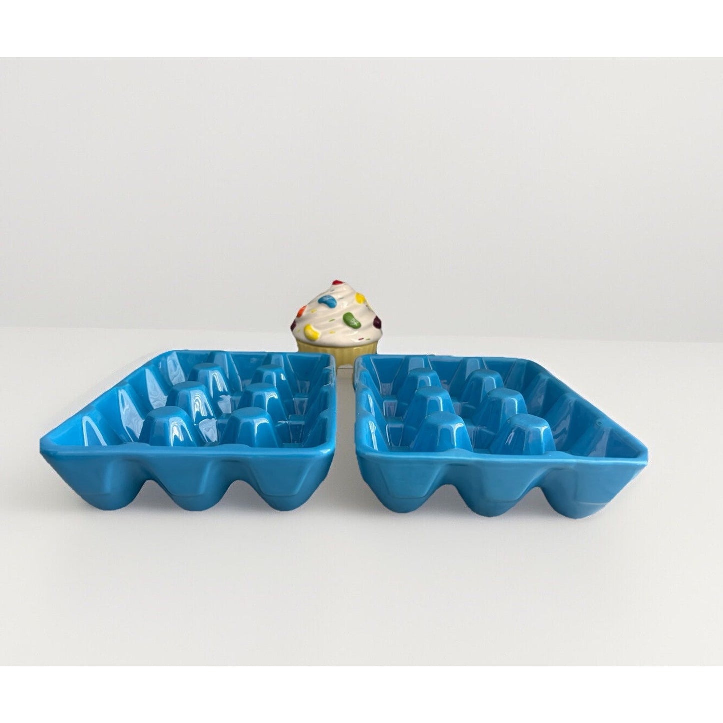 2 Ceramic Blue Egg Crates for Easter Eggs Refrigerator Jelly Belly Cupcake Dish