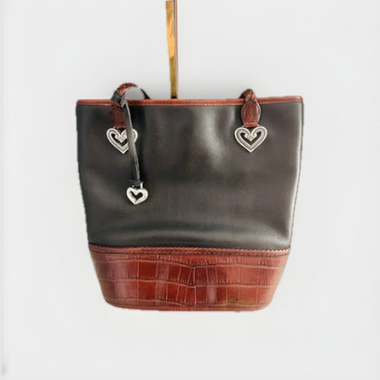 Vintage Brighton Black Leather Caroline Bucket Bag Purse Hearts Brown Croc Tote