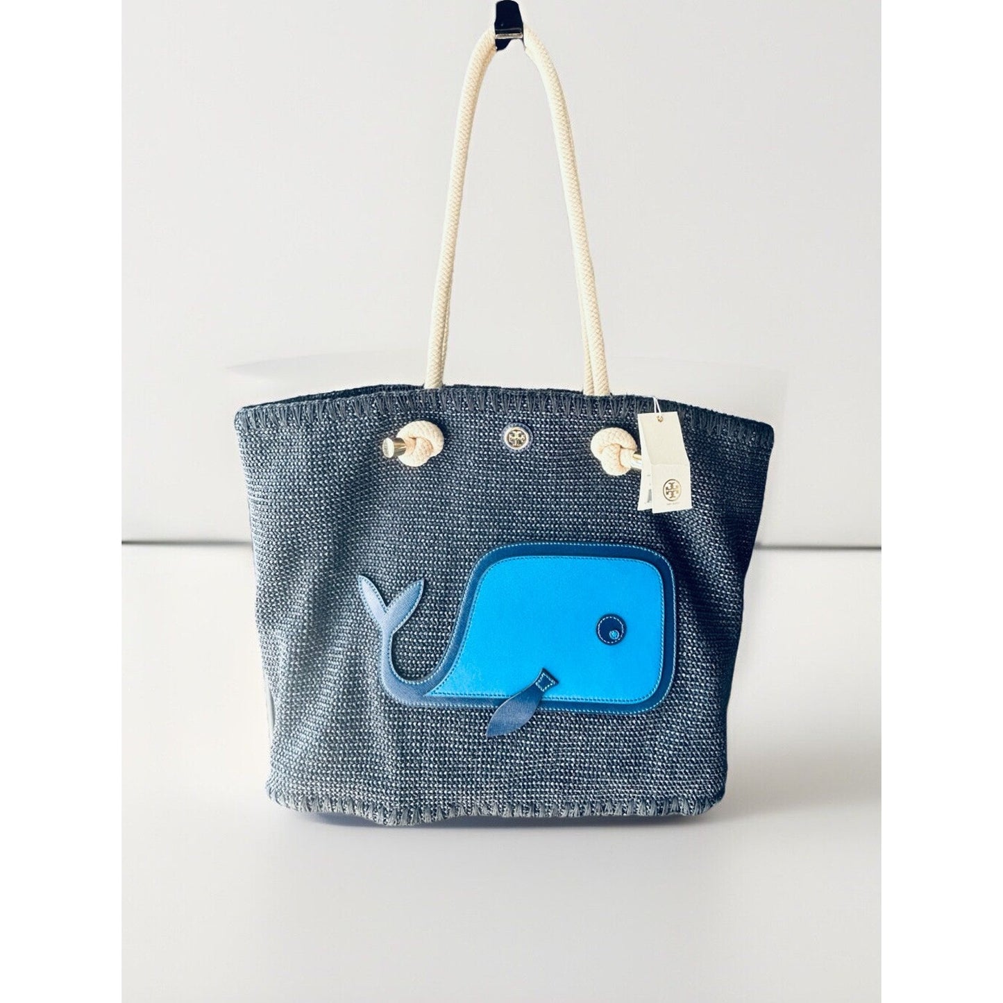 NWT Tory Burch Knotted Whale Tote Navy Blue Handbag Beach Pool Vacation Bag Rare