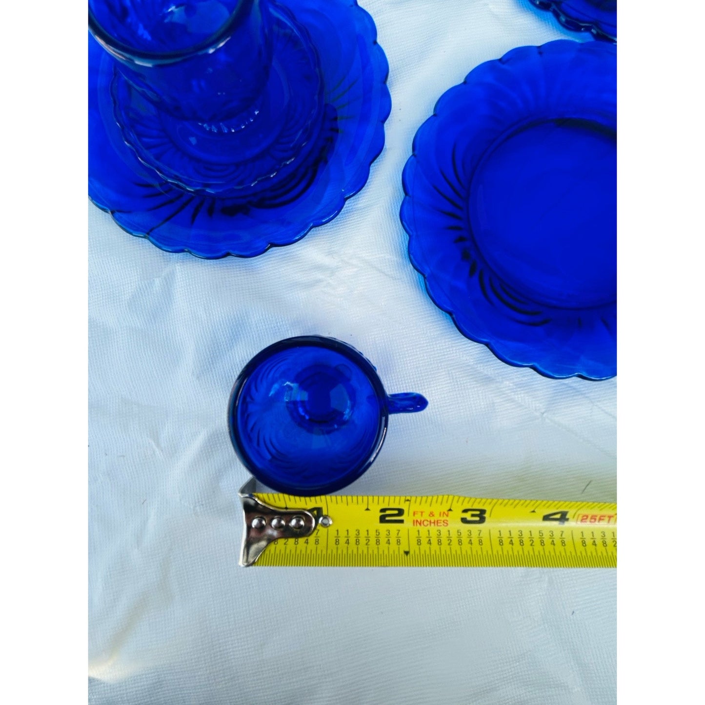 Vintage Doll Size Place Setting Cobalt Blue Glass 4 Plates 4 Teacups 4 Saucers