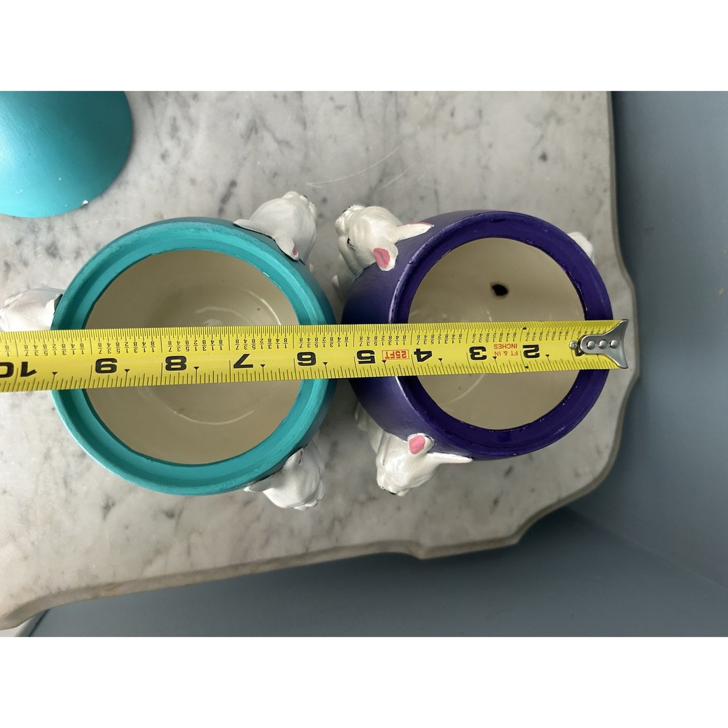 (2) 1960s Ceramic Easter Egg Candy Jar Hand Painted Bunnies Rabbits Purple Teal