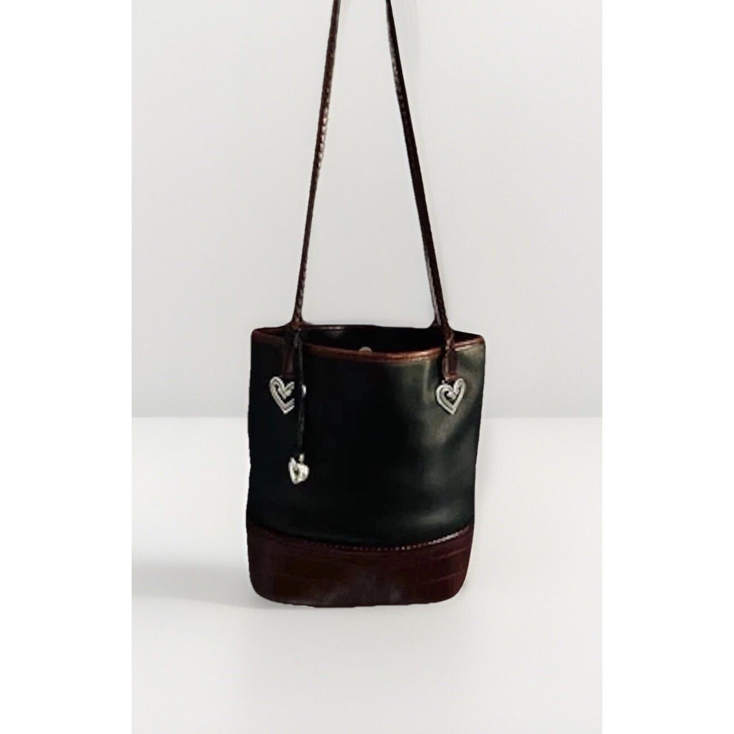 Vintage Brighton Black Leather Caroline Bucket Bag Purse Hearts Brown Croc Tote