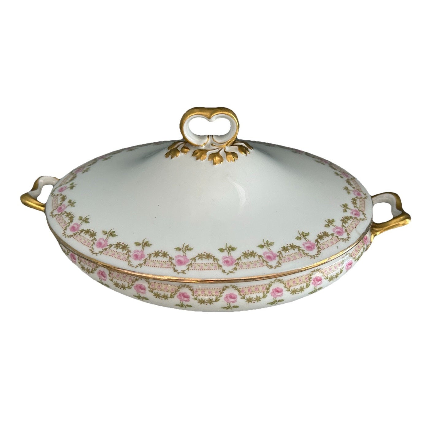 Oval Covered Serving Bowl lid Limoges Wm Guerin GUE19 Pink Roses Antique Gold