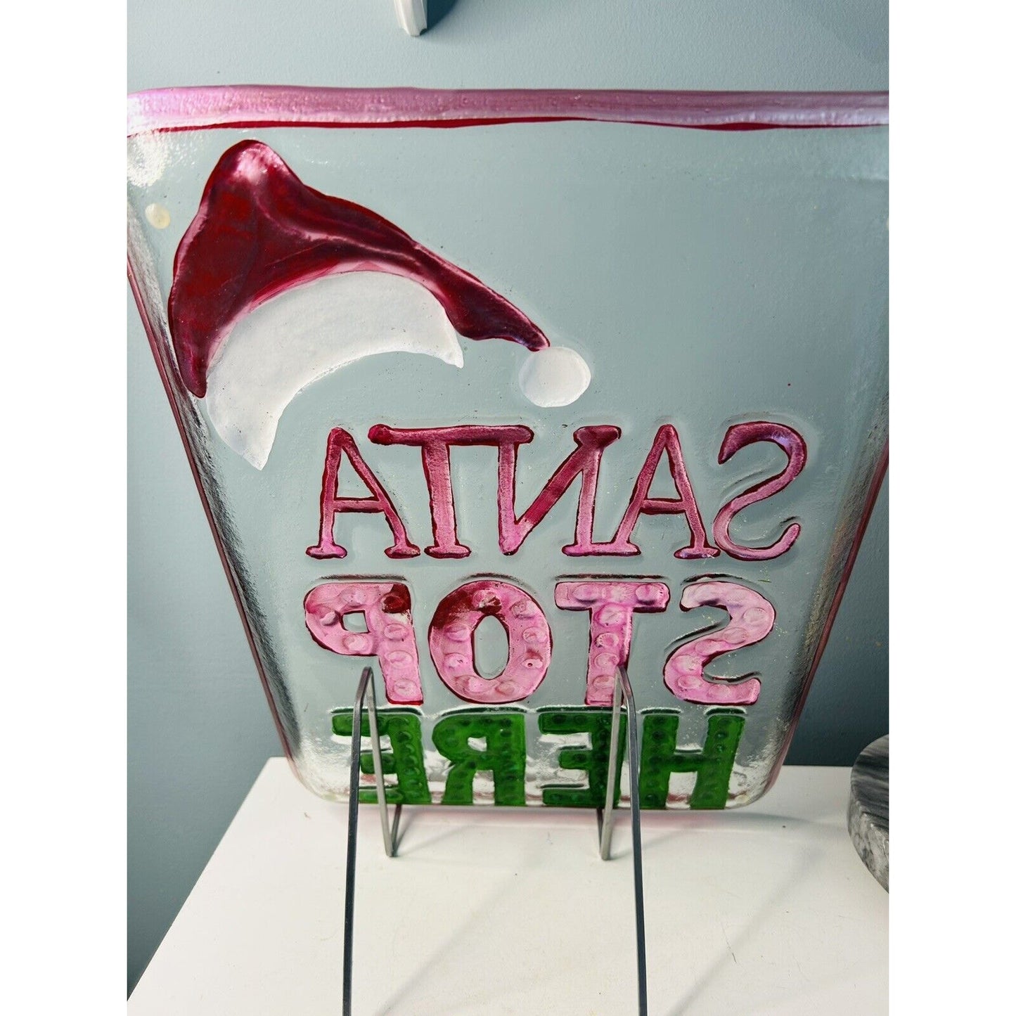 17” x 12” Large Christmas Serving Platter Infused Glass 14" Santa Stops Here