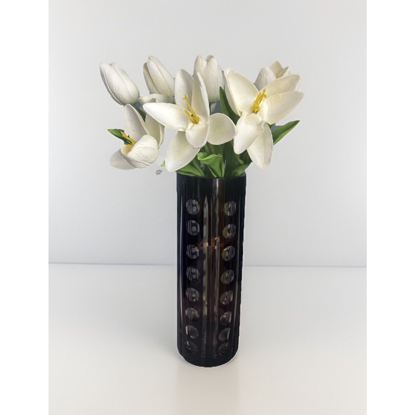 Vintage Purple Bohemian Tall Crystal Vase Amethyst 10” Tall Art Deco Geometric