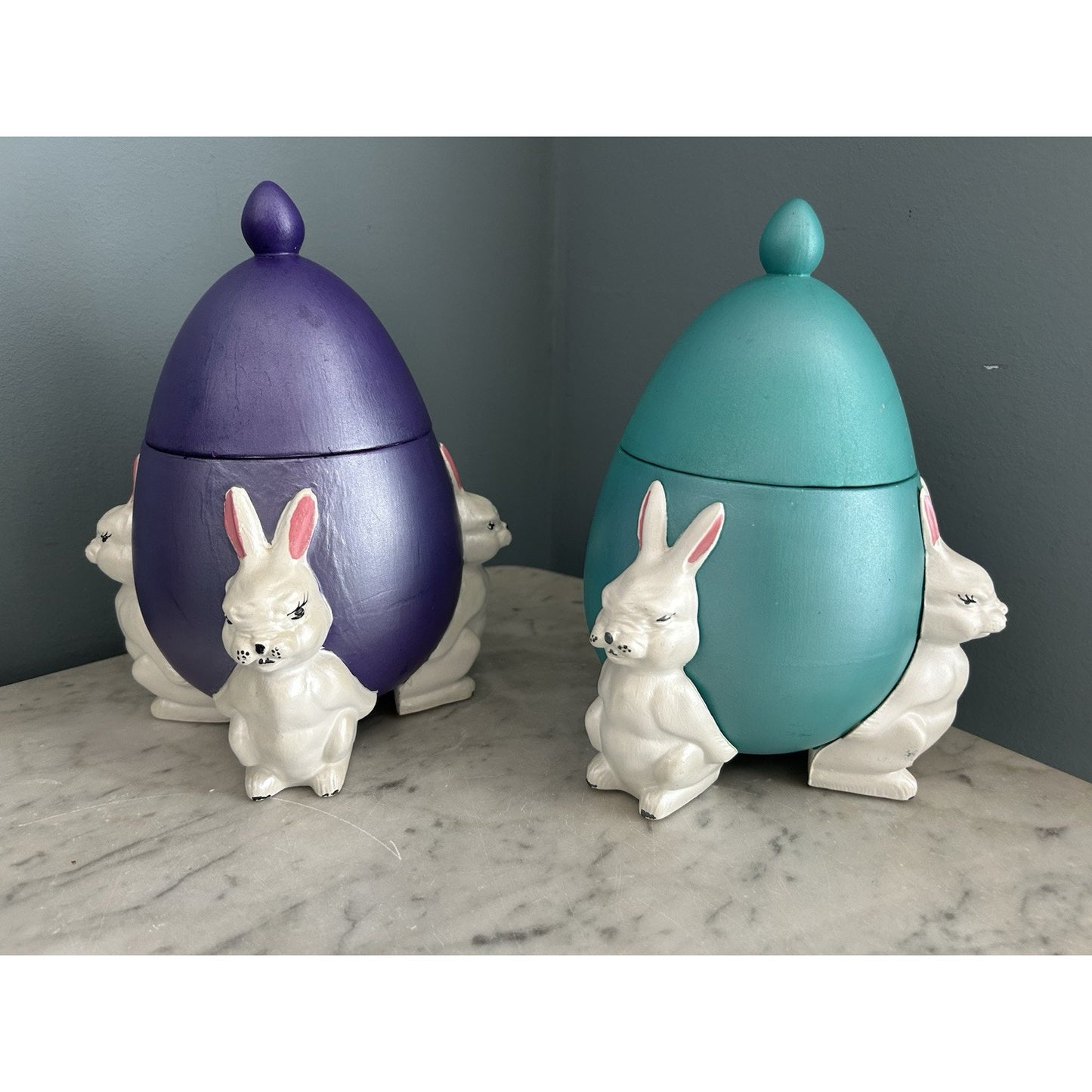 (2) 1960s Ceramic Easter Egg Candy Jar Hand Painted Bunnies Rabbits Purple Teal