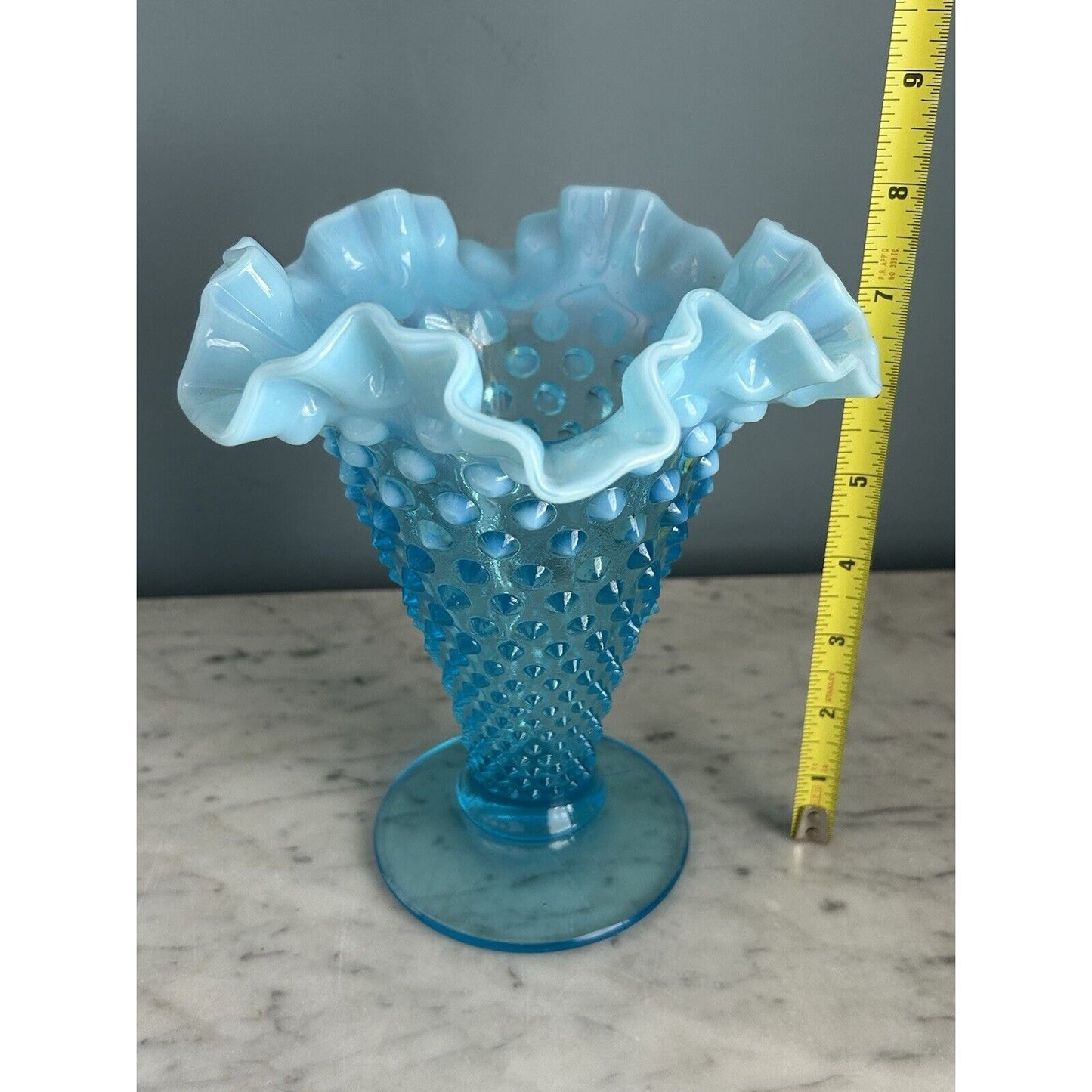Vintage Fenton Aqua Blue Opalescent Glass Hobnail 8” Ruffled Cone Shaped Vase