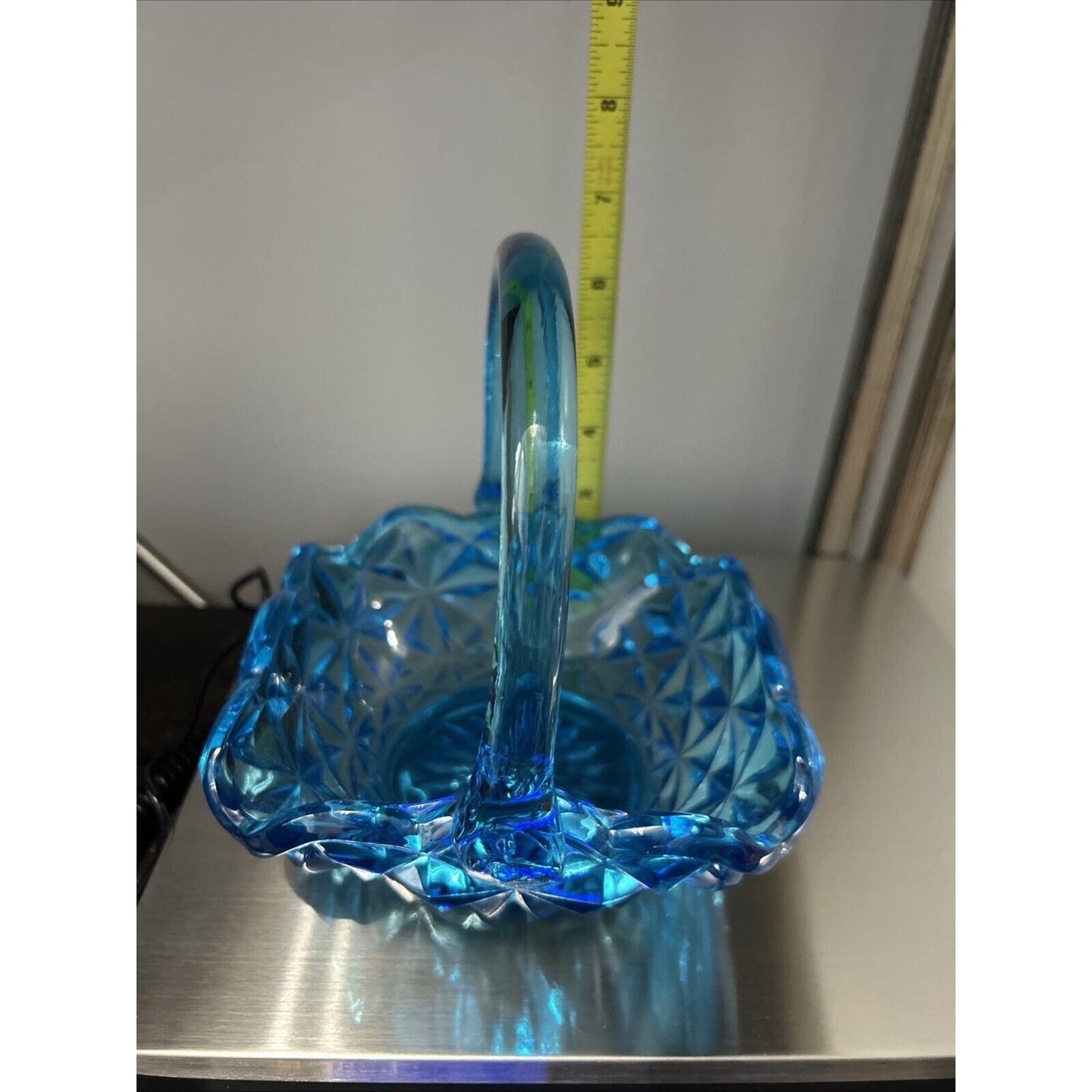 EUC Vintage Indiana Glass Monticello Aqua Blue Basket Handle 7" Easter Gift Art