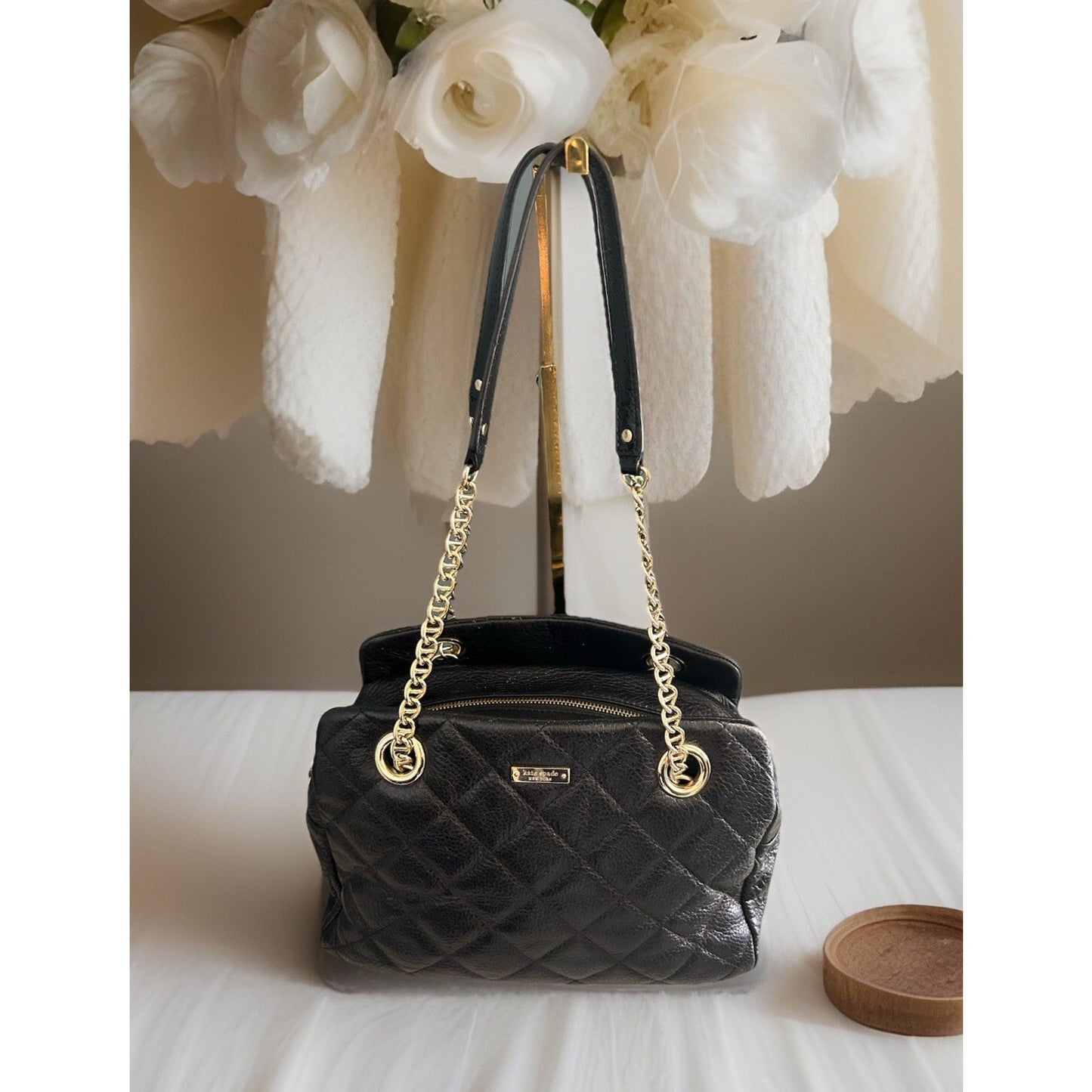 Kate Spade Black Metallic Quilted Leather Shimmer Bag Gold Chain EUC