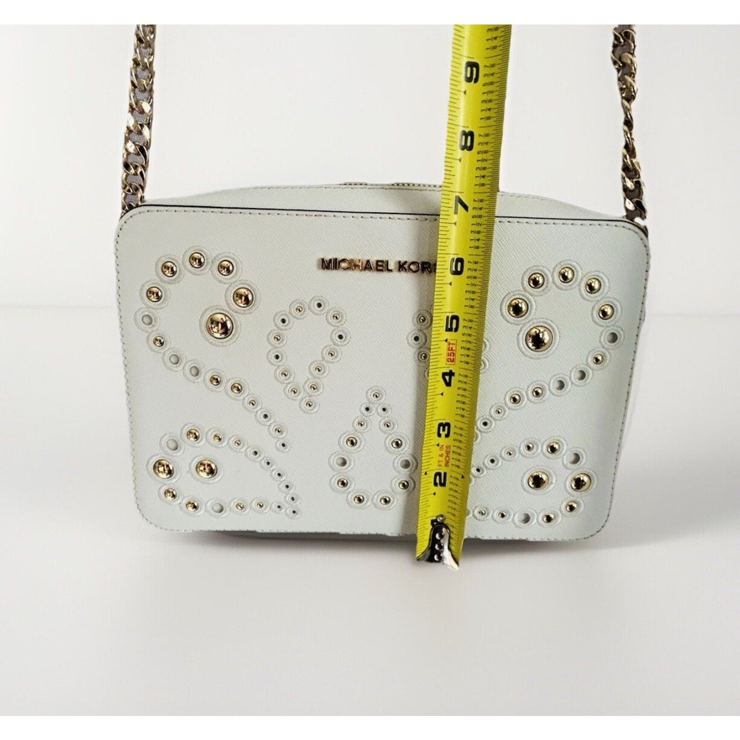 Michael Kors Ginny Leather Crossbody White Embellished Gold Studded Bag New