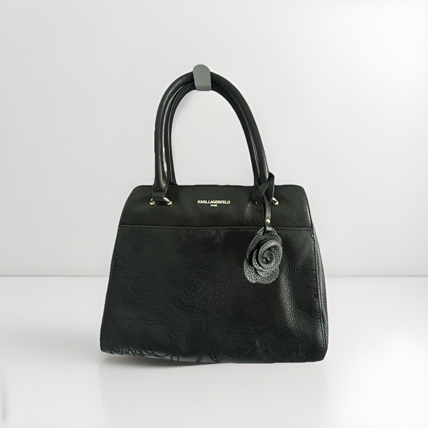 Karl Lagerfeld Black Leather Floral Stitched Bag Embroidered Flower Handbag Paris