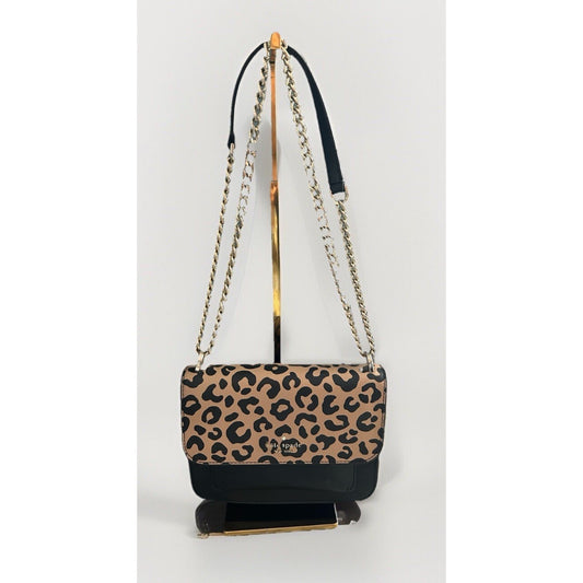 Kate Spade Leopard Print Leather Remi Flap Chain Crossbody Shoulder Bag Black