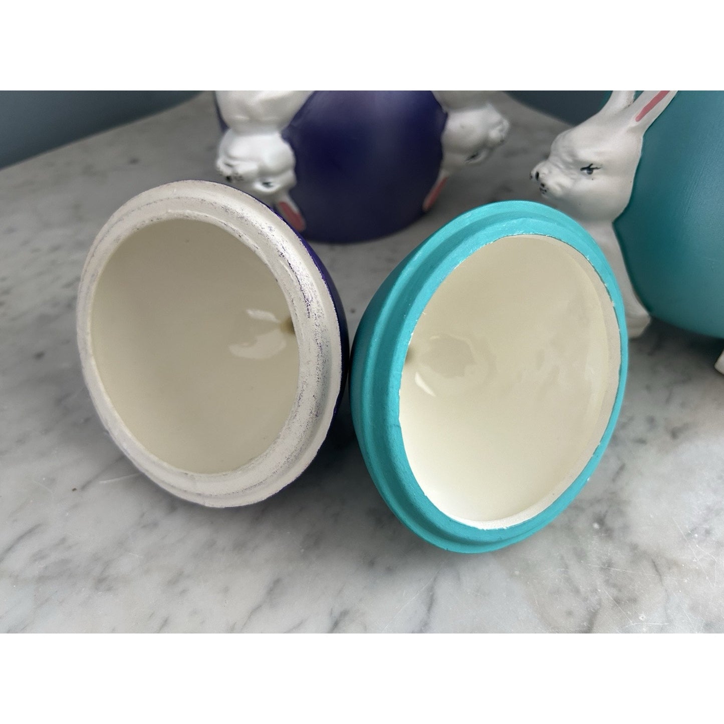(2) 1960s Ceramic Easter Egg Candy Jar Hand Painted Bunnies Rabbits Purple Teal