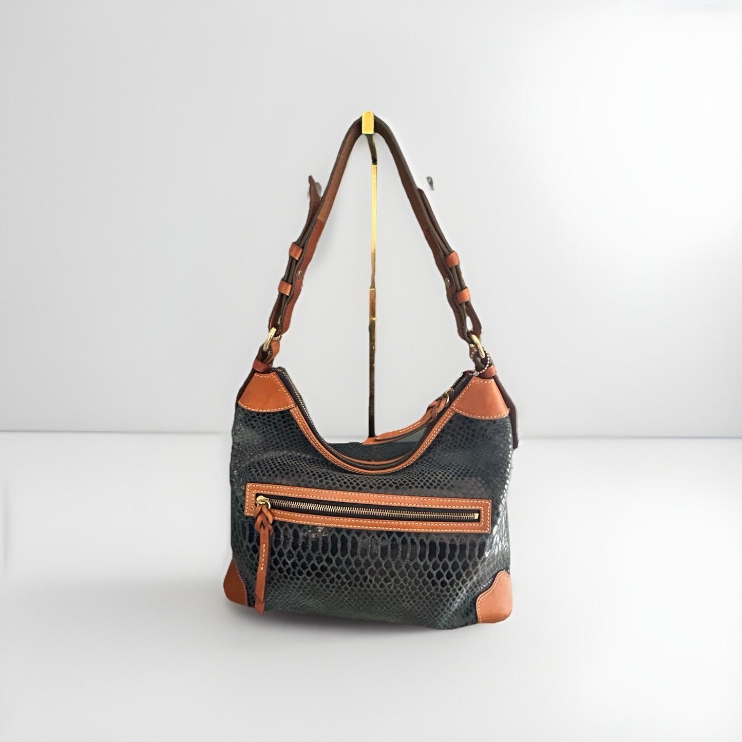 Dooney & Bourke Erica 90s Hobo Bag Snake Embossed Navy Blue Leather Suede Purse