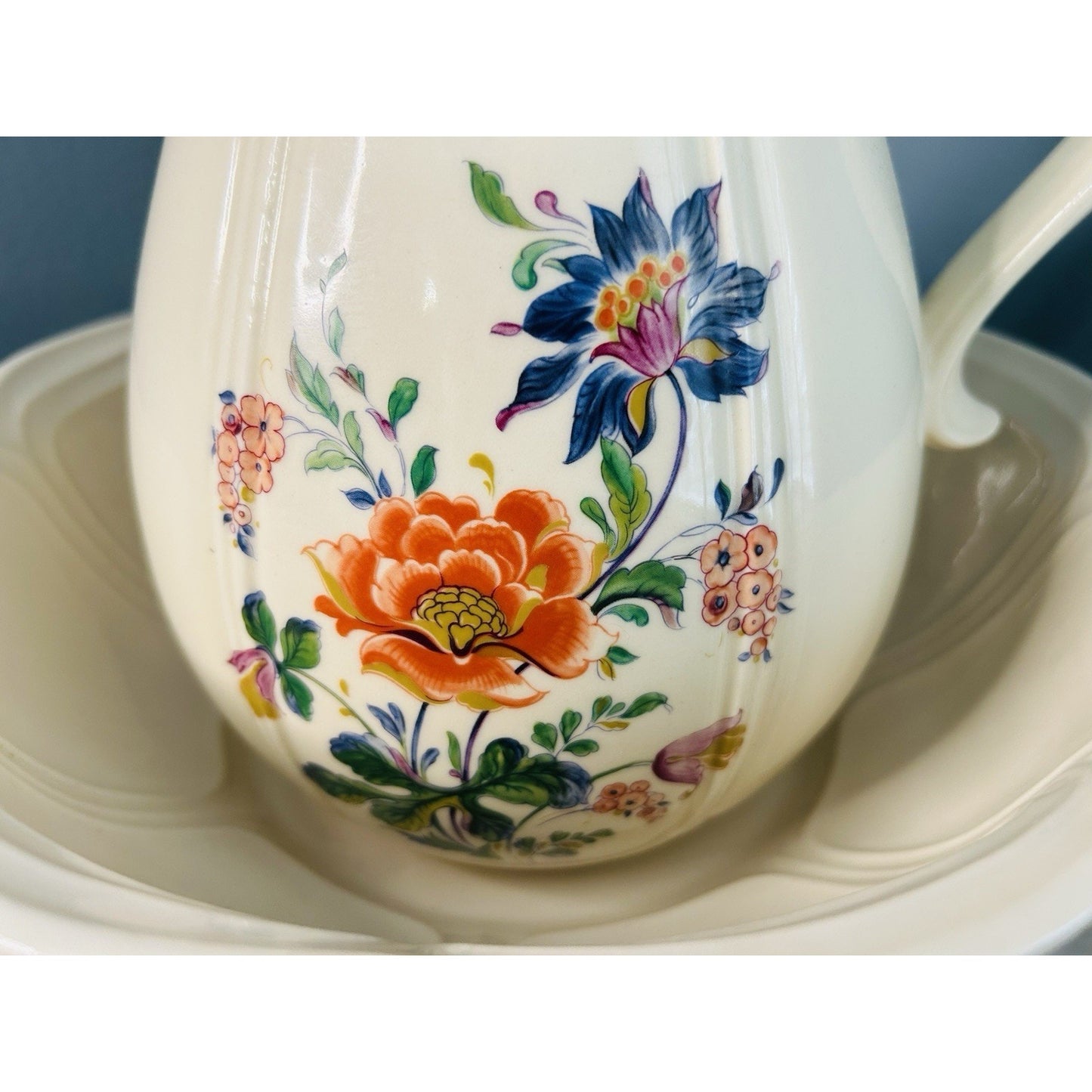 McCoy White Ironstone Pitcher Bowl # 7529 Ribbed & Flower Design Vintage USA